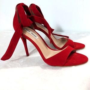 Steve Madden Bold Red Suede Peep Toe Ankle Tie Heels